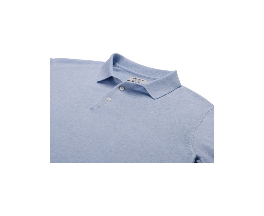 Pull tricot 100% coton Bleu Ciel Chiné - Col Polo - BRAIDEN ML