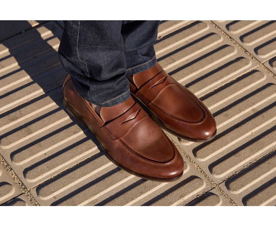 Mocassin homme Chocolat Patiné  - Semelle Gomme - DERVIO II GOMME