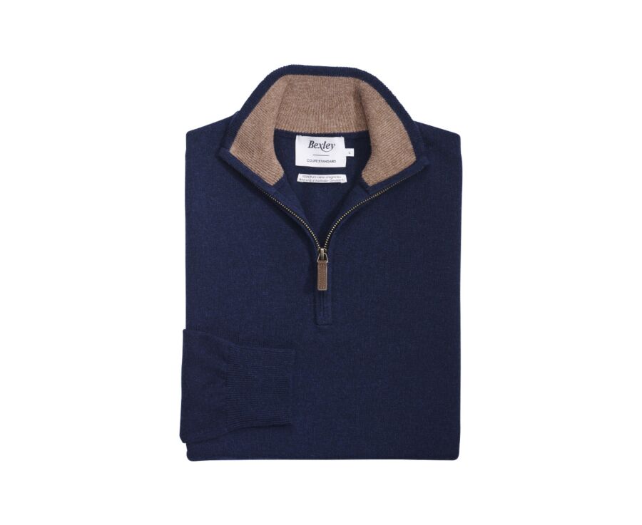 Pull col zippé homme laine - Marine et Noisette Chiné - KEYDEN II