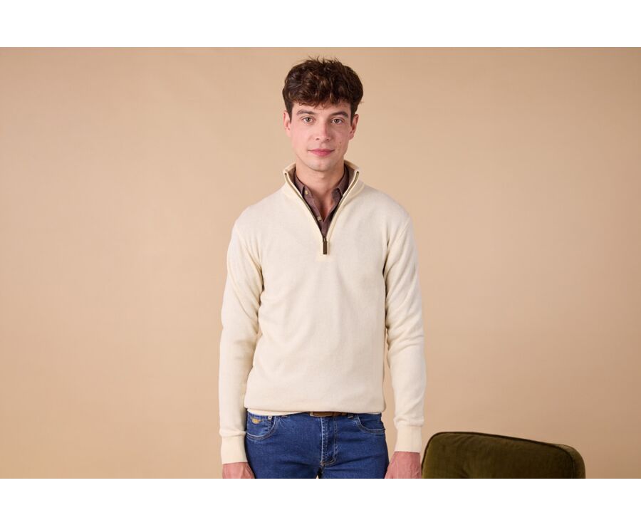 Pull col zippé homme laine - Ecru et Taupe Chiné Clair - KEYDEN II