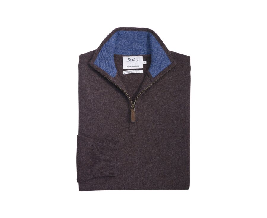 Pull col zippé homme laine - Chocolat Foncé et Bleu Foncé Chiné - KEYDEN II