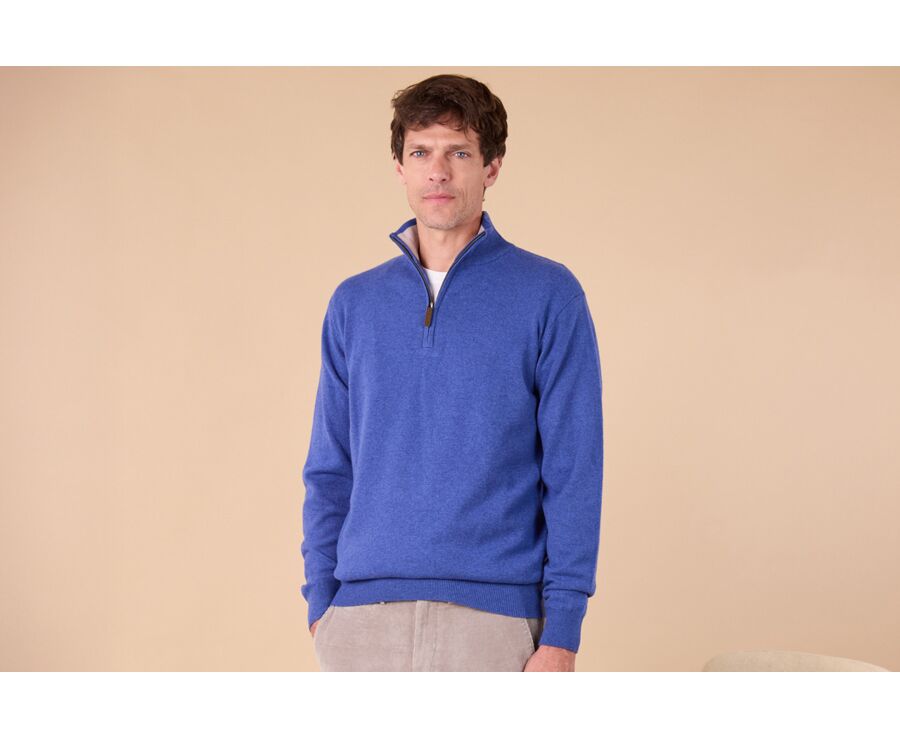 Pull col zippé homme laine - Bleu Jean Chiné et Beige Clair - KEYDEN II