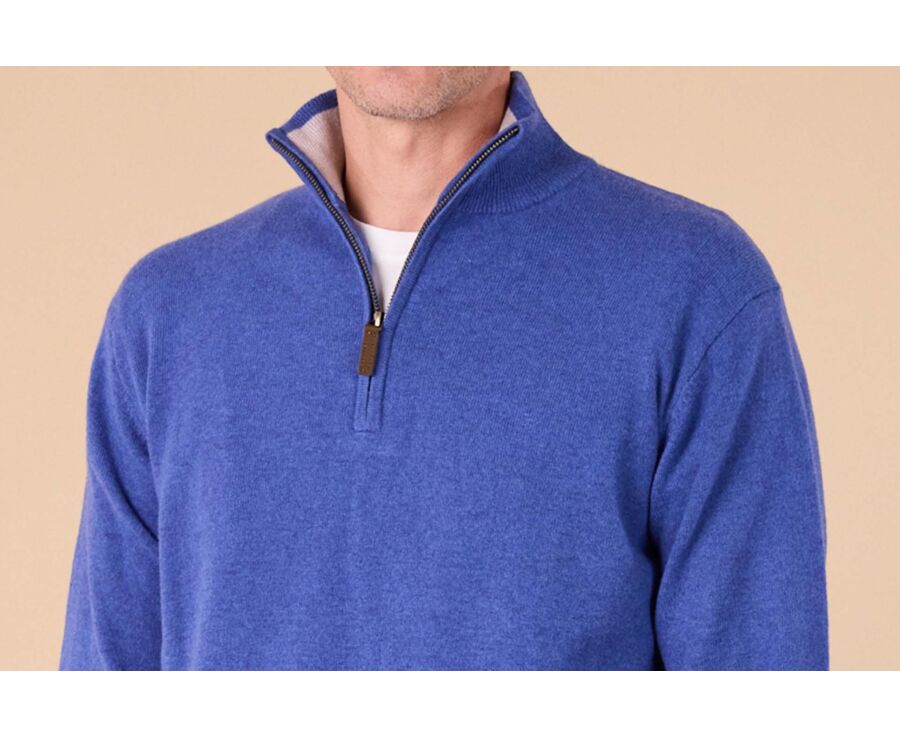 Pull col zippé homme laine - Bleu Jean Chiné et Beige Clair - KEYDEN II