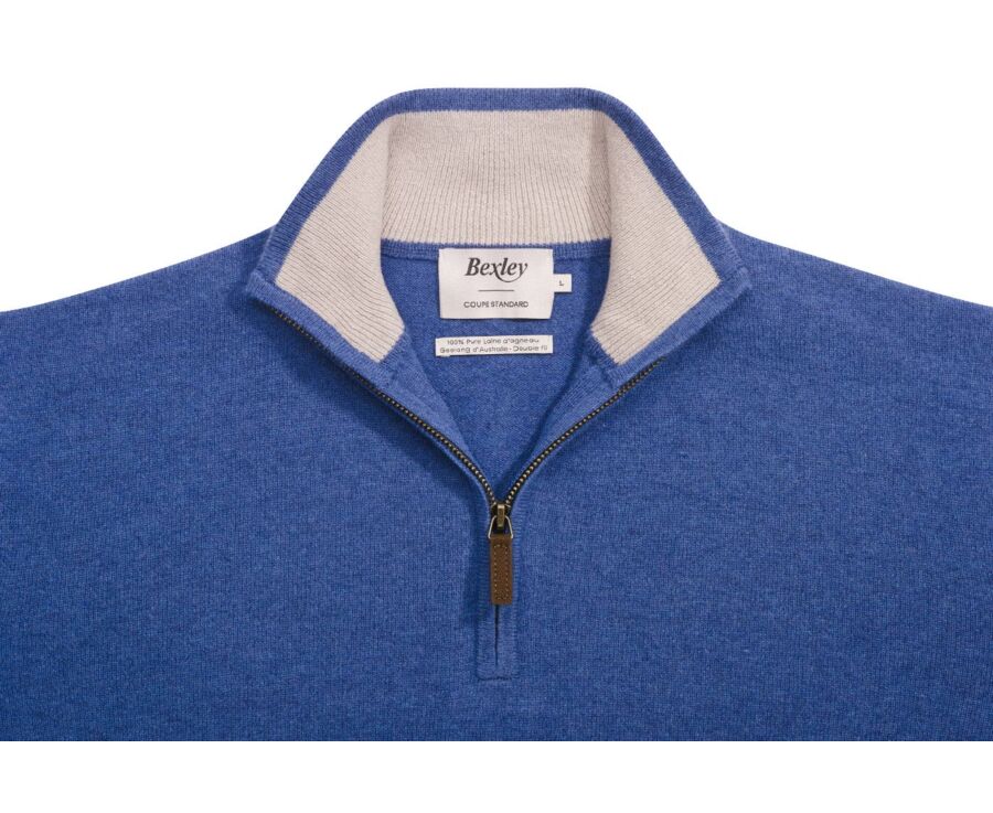 Pull col zippé homme laine - Bleu Jean Chiné et Beige Clair - KEYDEN II