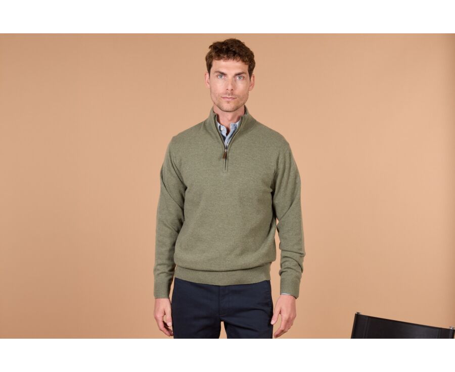 Pull homme zippé bicolore eucalyptus et taupe chiné - KEYDEN II