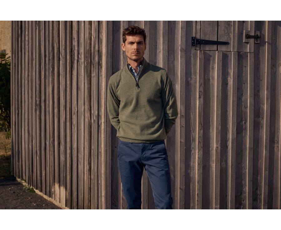 Pull homme zippé bicolore eucalyptus et taupe chiné - KEYDEN II