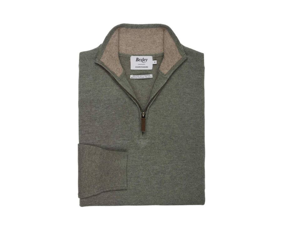 Pull homme zippé bicolore eucalyptus et taupe chiné - KEYDEN II
