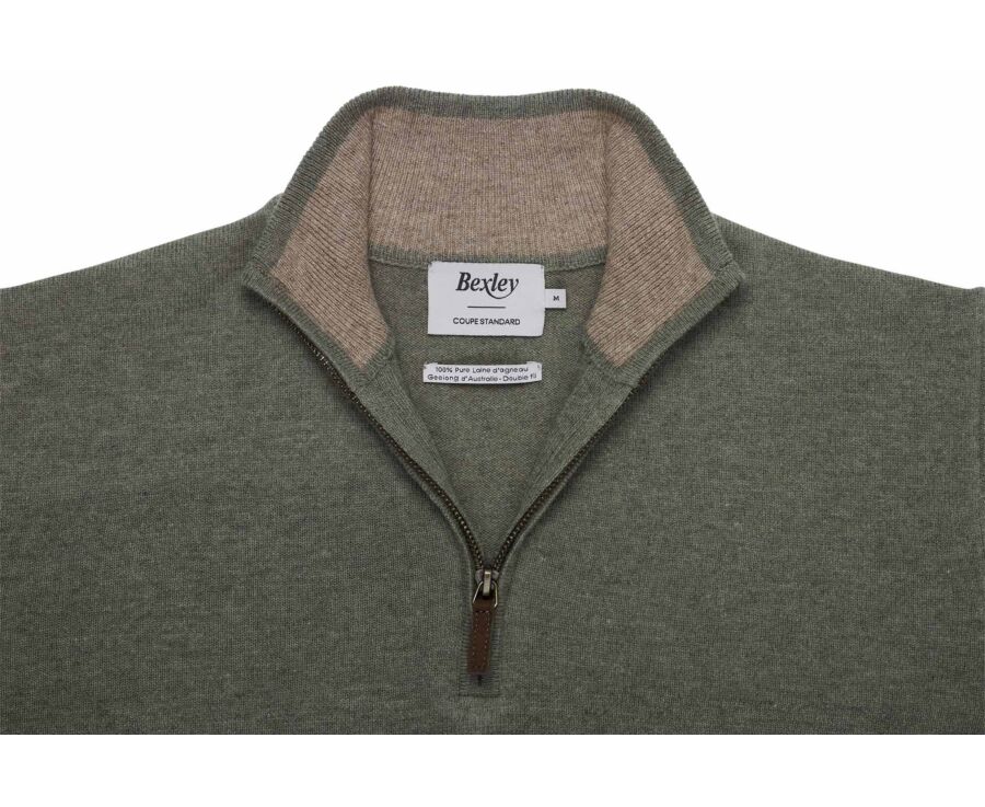 Pull homme zippé bicolore eucalyptus et taupe chiné - KEYDEN II