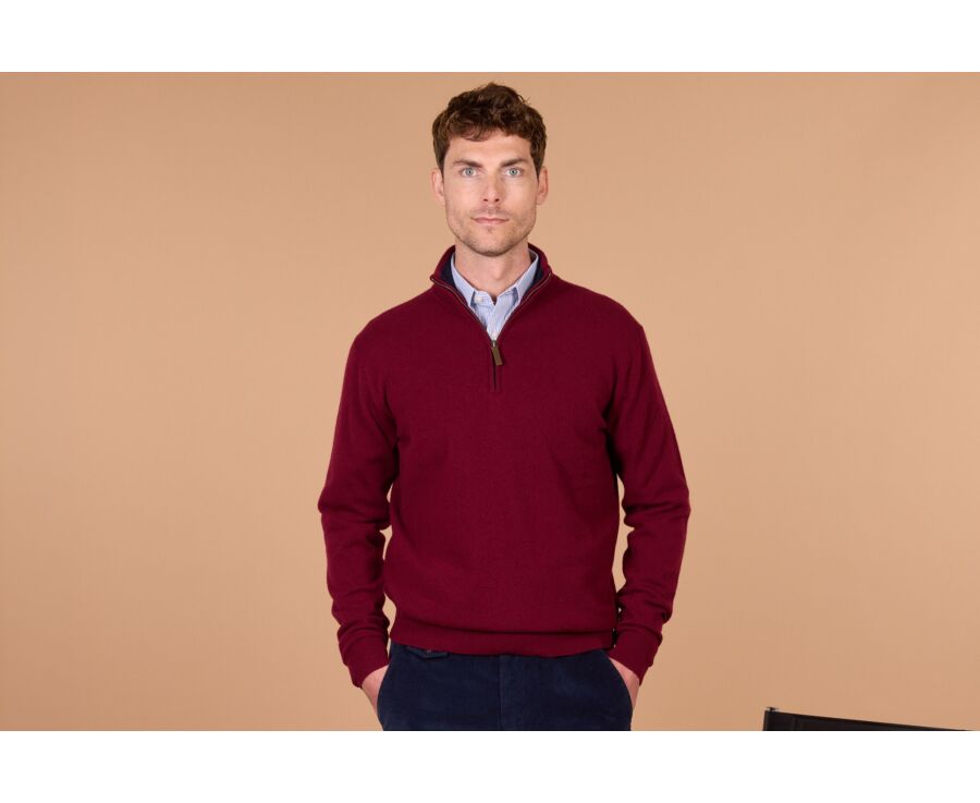 Pull homme zippé bicolore bordeaux et marine en laine - KEYDEN II
