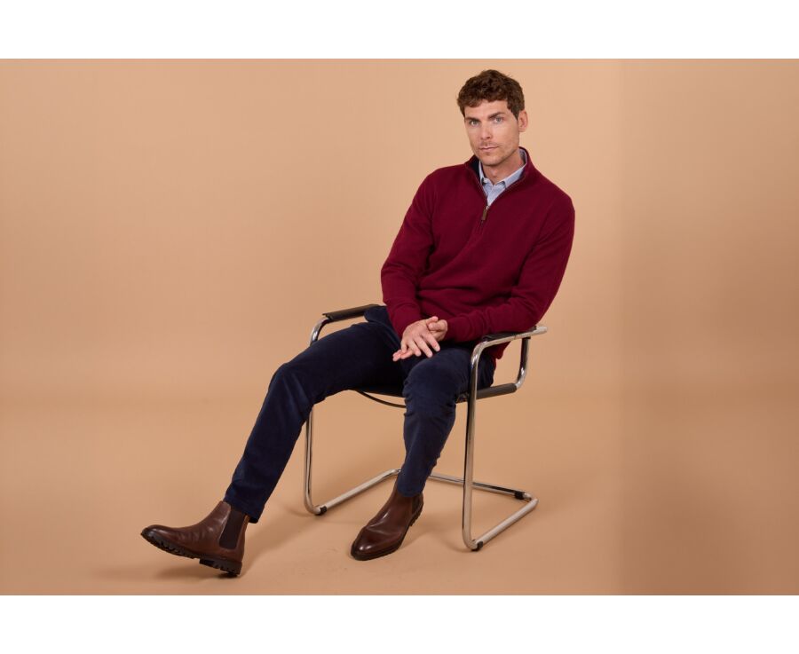 Pull homme zippé bicolore bordeaux et marine en laine - KEYDEN II