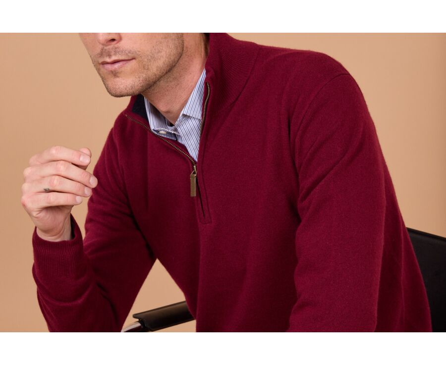 Pull homme zippé bicolore bordeaux et marine en laine - KEYDEN II