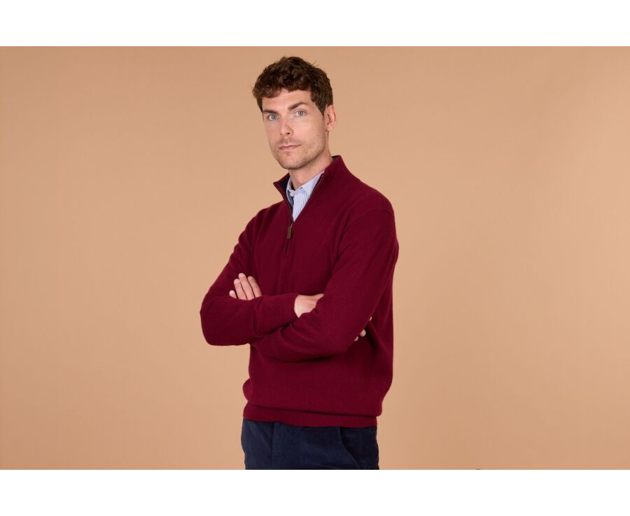 Pull homme zippé bicolore bordeaux et marine en laine - KEYDEN II