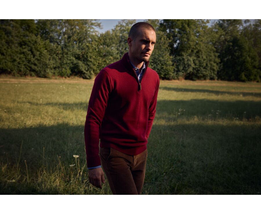 Pull homme zippé bicolore bordeaux et marine en laine - KEYDEN II