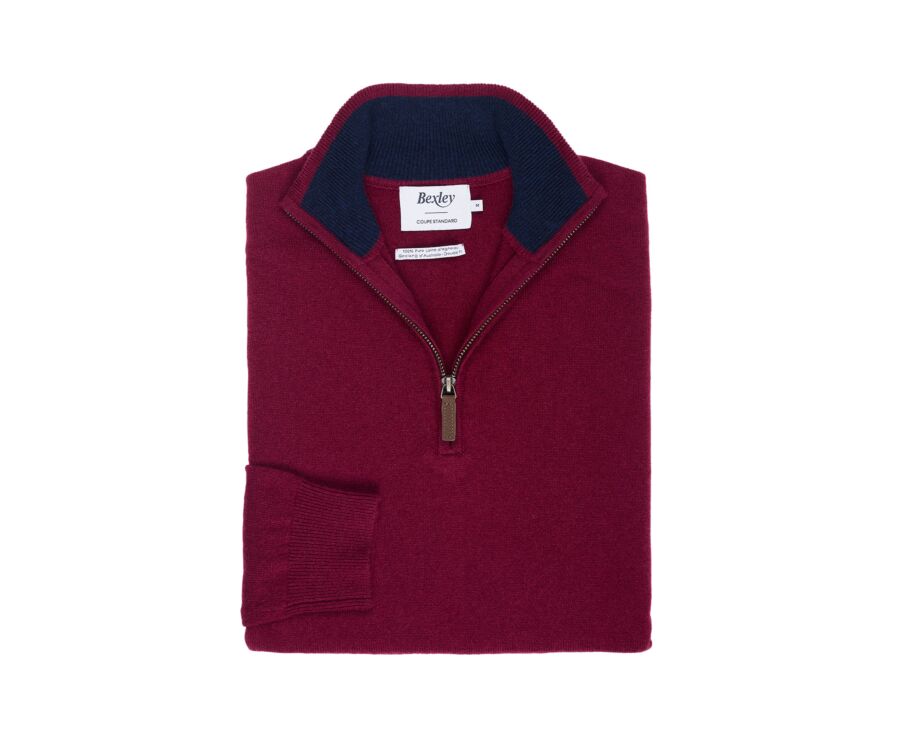 Pull homme zippé bicolore bordeaux et marine en laine - KEYDEN II