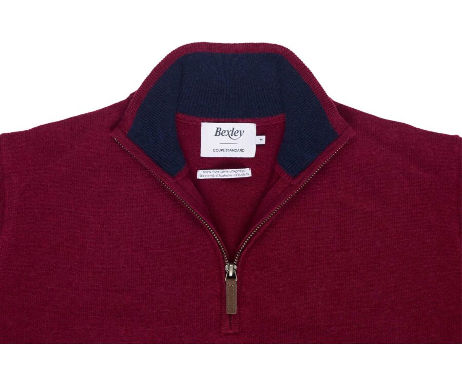 Pull homme zippé bicolore bordeaux et marine en laine - KEYDEN II