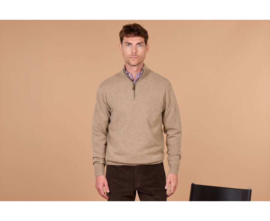 Pull homme zippé bicolore taupe chiné et bleu foncé - KEYDEN II