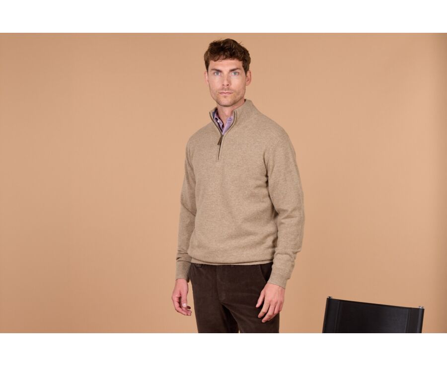 Pull homme zippé bicolore taupe chiné et bleu foncé - KEYDEN II