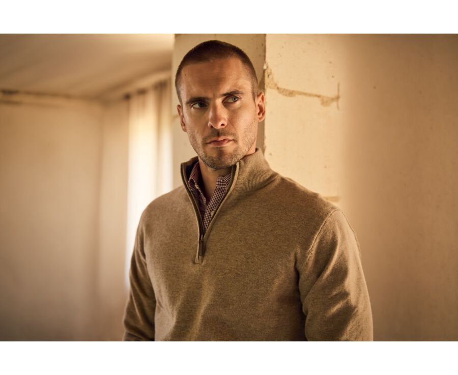 Pull homme zippé bicolore taupe chiné et bleu foncé - KEYDEN II
