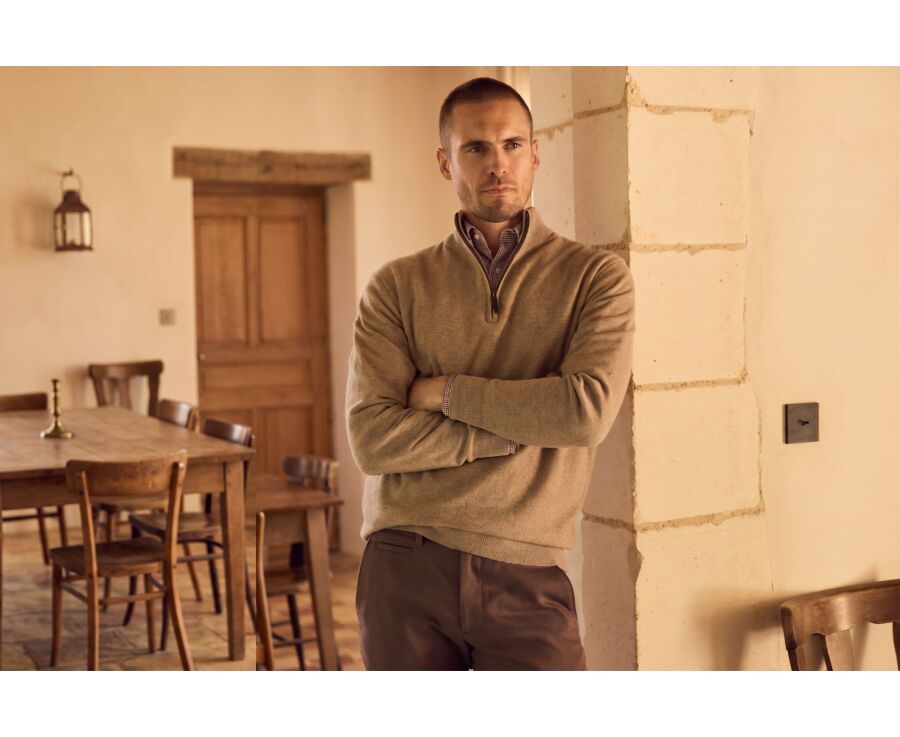 Pull homme zippé bicolore taupe chiné et bleu foncé - KEYDEN II
