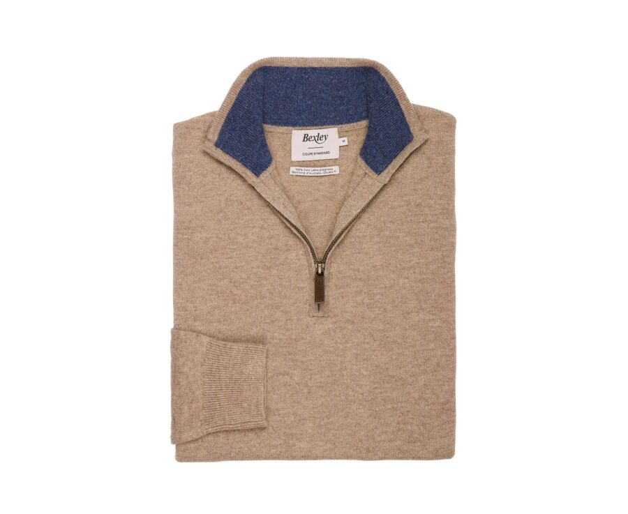Pull homme zippé bicolore taupe chiné et bleu foncé - KEYDEN II