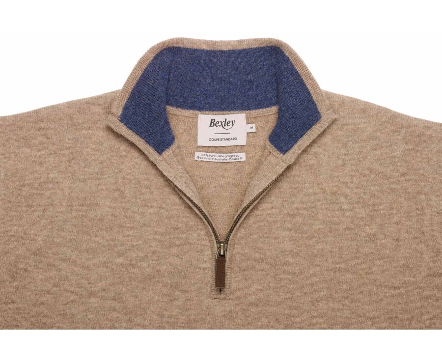 Pull homme zippé bicolore taupe chiné et bleu foncé - KEYDEN II