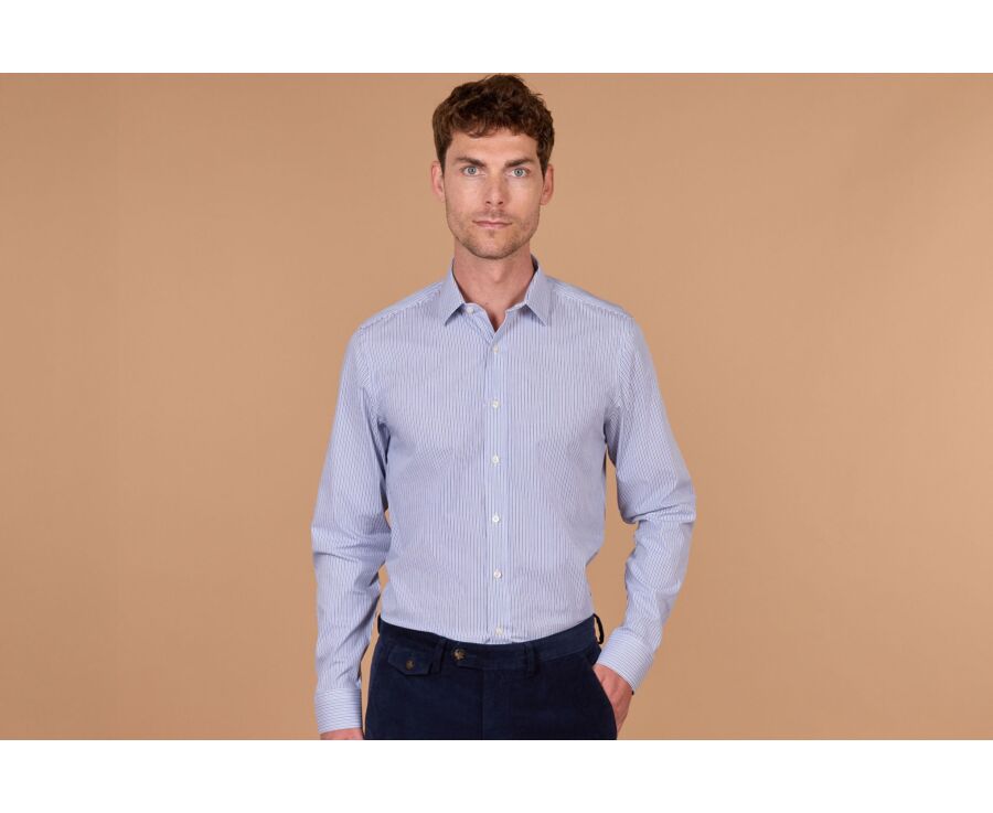 Chemise homme à fines rayures navy et bleues - FLORIEN
