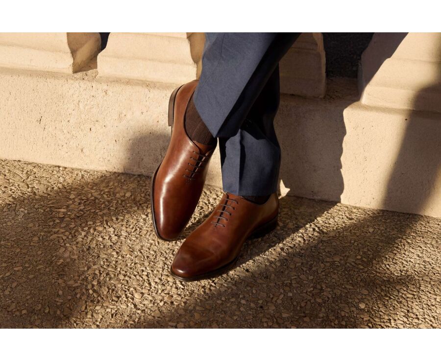 Richelieu homme Cognac Patiné  - semelle cuir avec patin - CARNEGIE PATIN