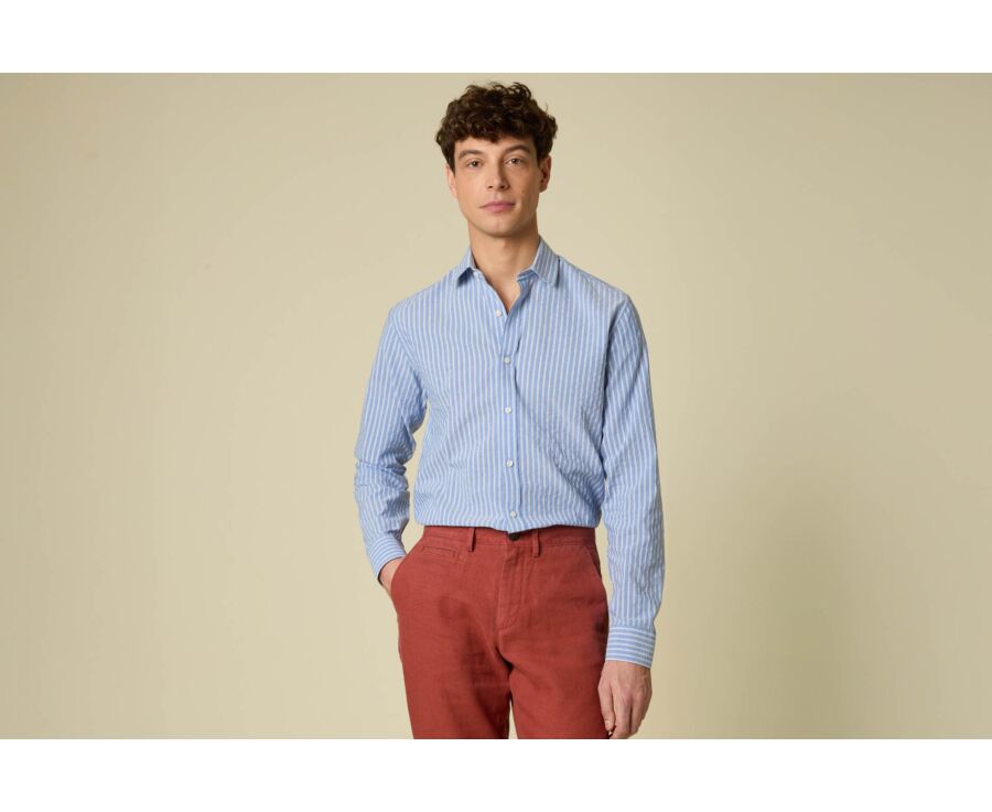 Chemise homme bleue à fines rayures blanches - FOLBERT