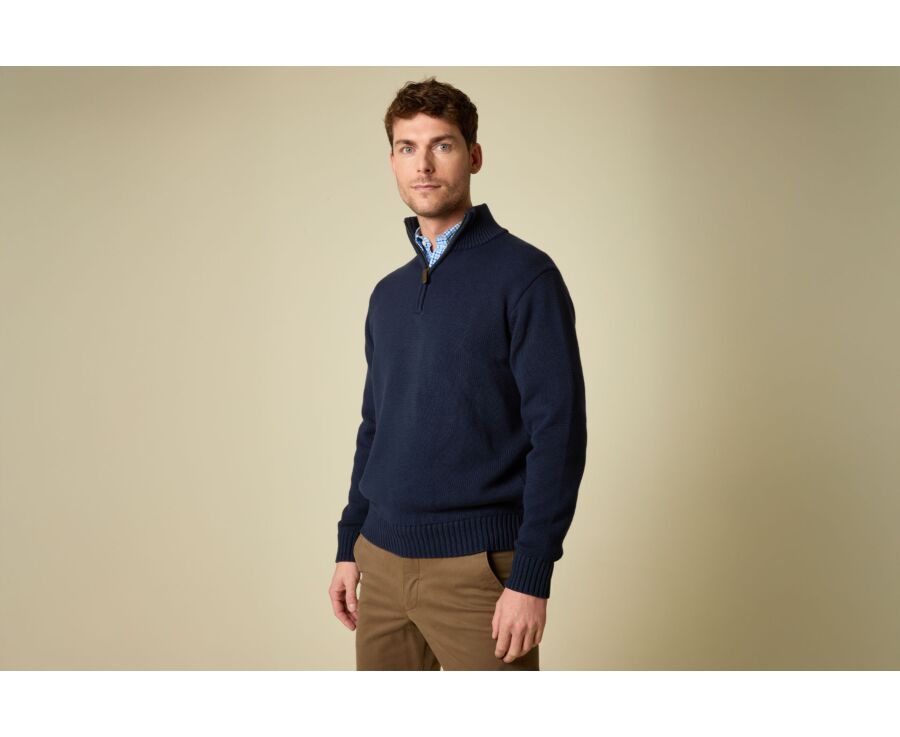 Pull col zippé en coton épais - Navy - VALDRIK