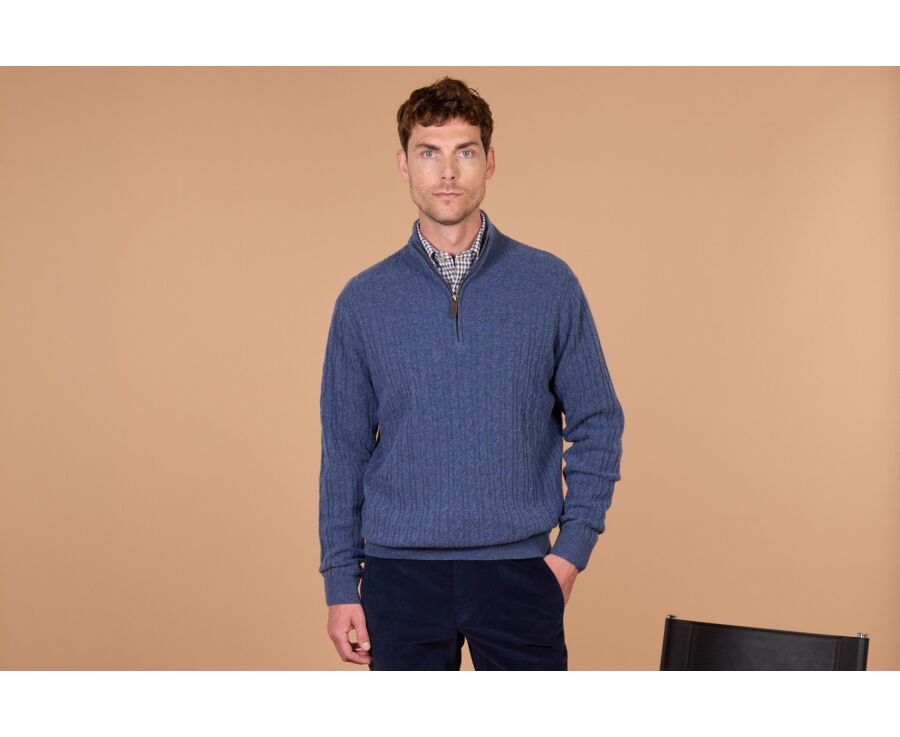 Pull homme torsadé col zippé bleu foncé chiné en laine - KEYDRICK