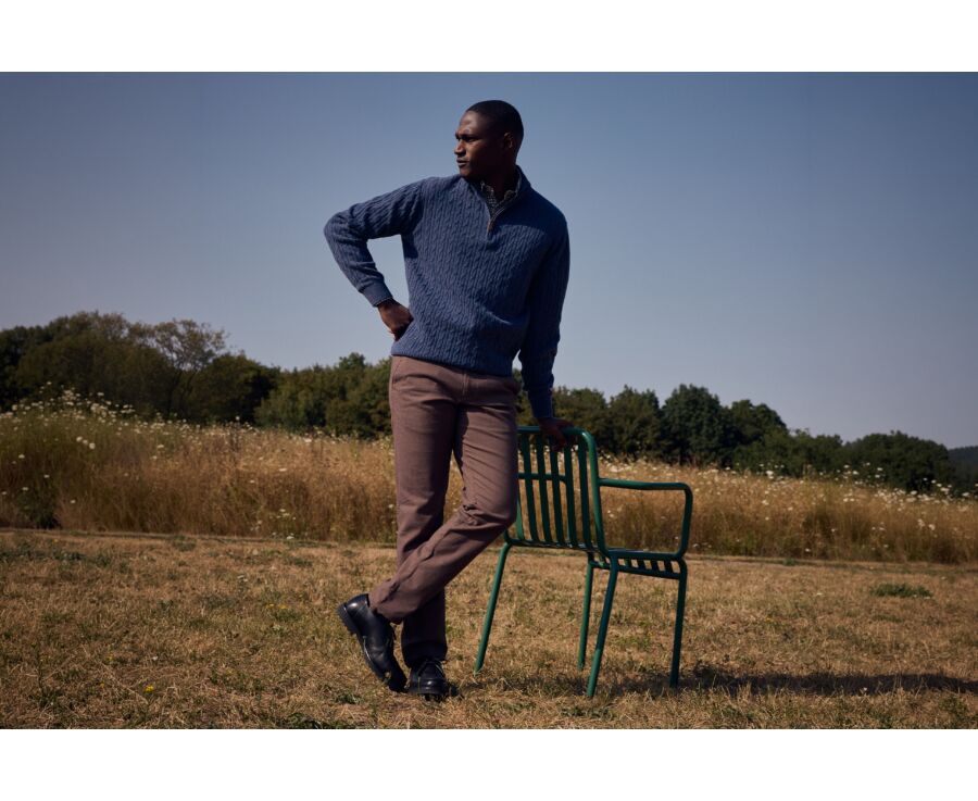 Pull homme torsadé col zippé bleu foncé chiné en laine - KEYDRICK