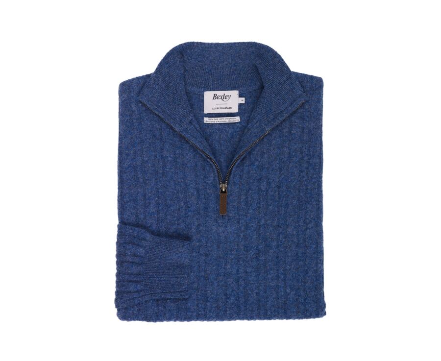 Pull homme torsadé col zippé bleu foncé chiné en laine - KEYDRICK