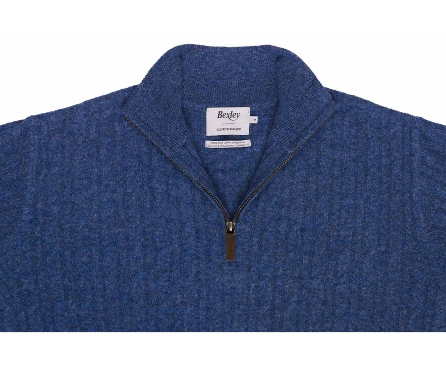 Pull homme torsadé col zippé bleu foncé chiné en laine - KEYDRICK
