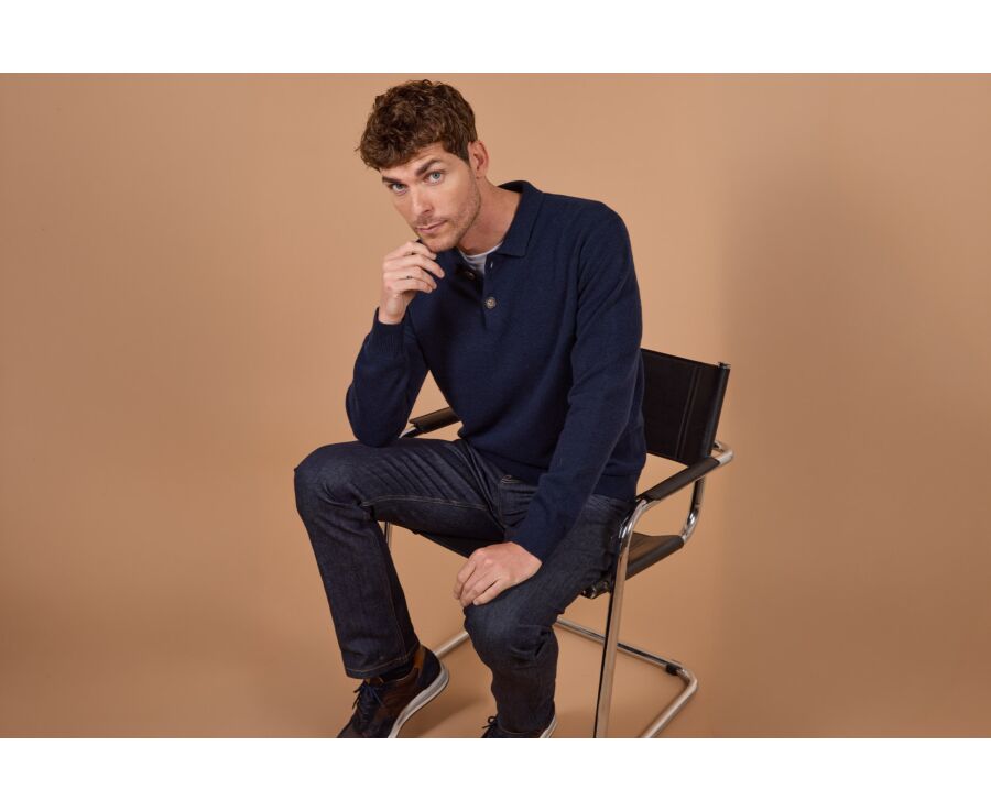 Pull polo homme bleu marine en lambswool - BRAIDRICK