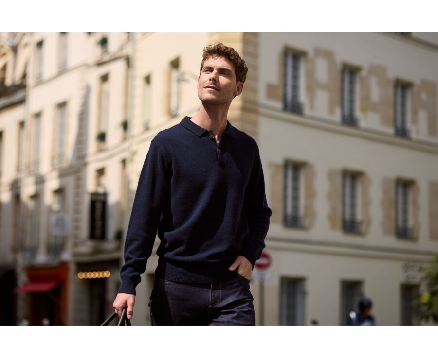 Pull polo homme bleu marine en lambswool - BRAIDRICK