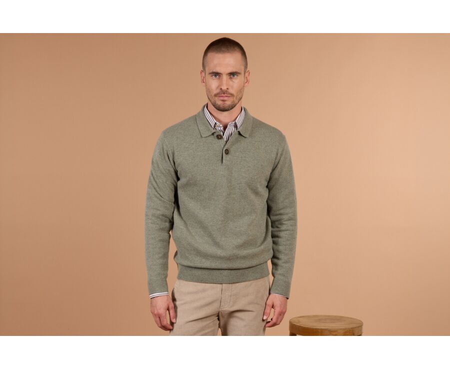 Pull polo homme kaki clair chiné en lambswool - BRAIDRICK