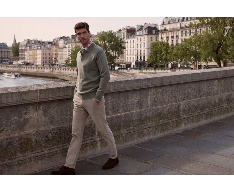 Pull polo homme kaki clair chiné en lambswool - BRAIDRICK