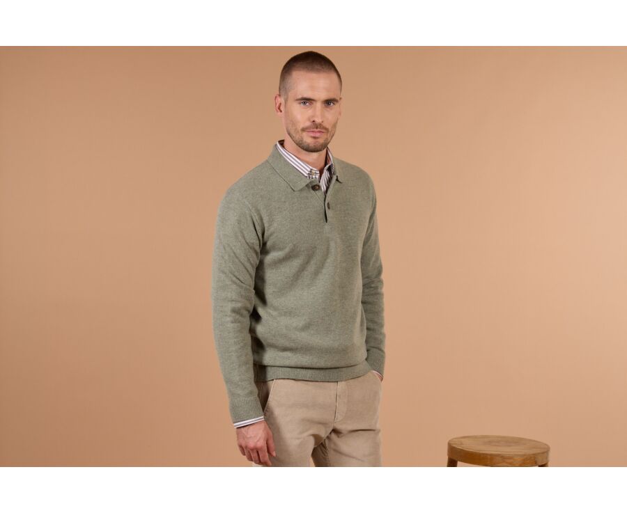Pull polo homme kaki clair chiné en lambswool - BRAIDRICK
