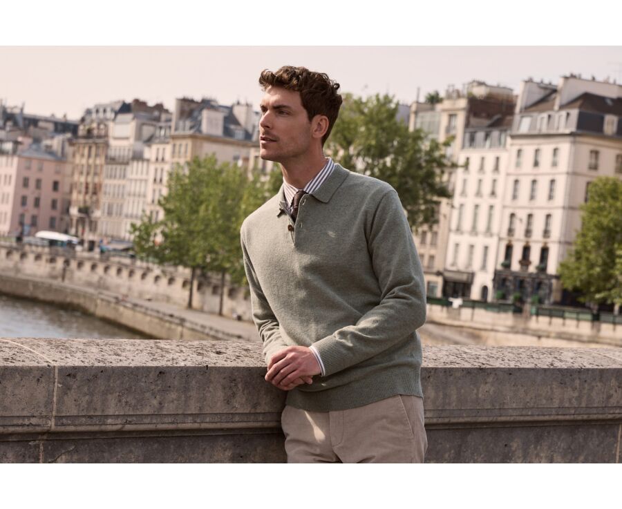 Pull polo homme kaki clair chiné en lambswool - BRAIDRICK