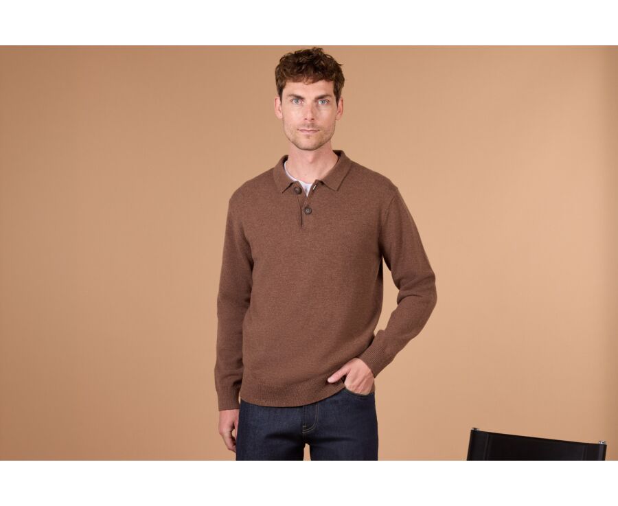 Pull polo homme chocolat chiné en lambswool - BRAIDRICK