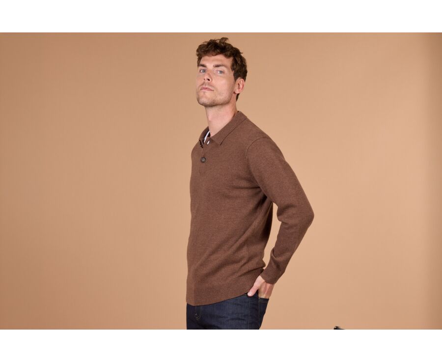 Pull polo homme chocolat chiné en lambswool - BRAIDRICK