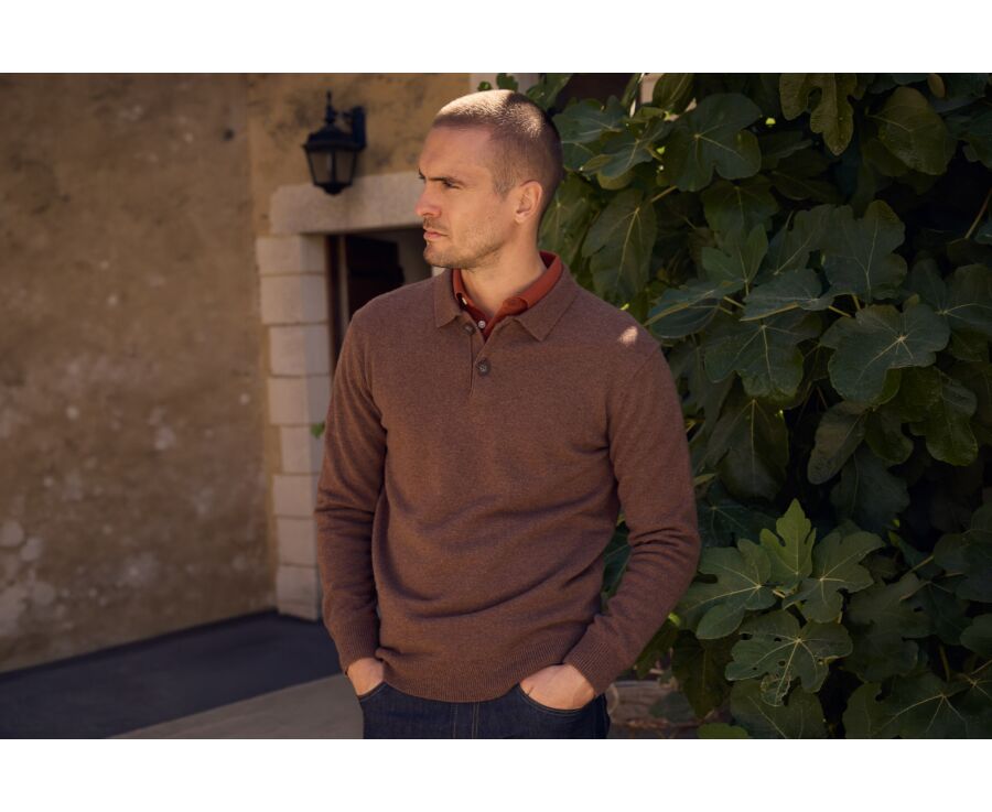 Pull polo homme chocolat chiné en lambswool - BRAIDRICK