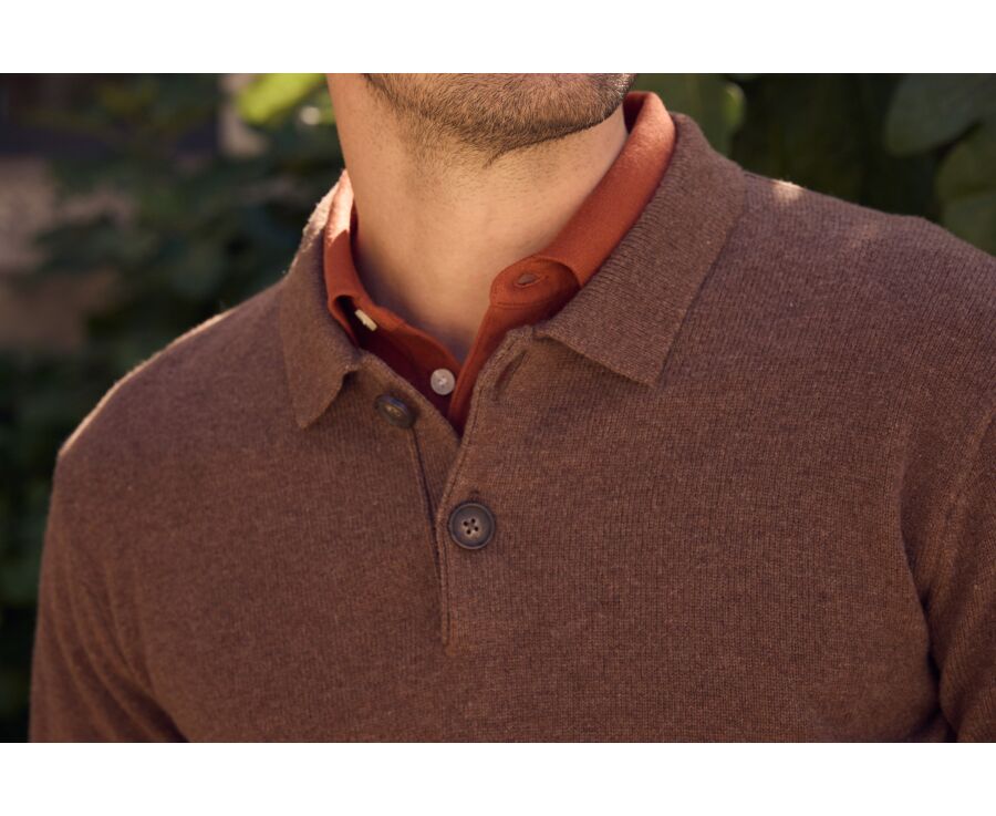 Pull polo homme chocolat chiné en lambswool - BRAIDRICK