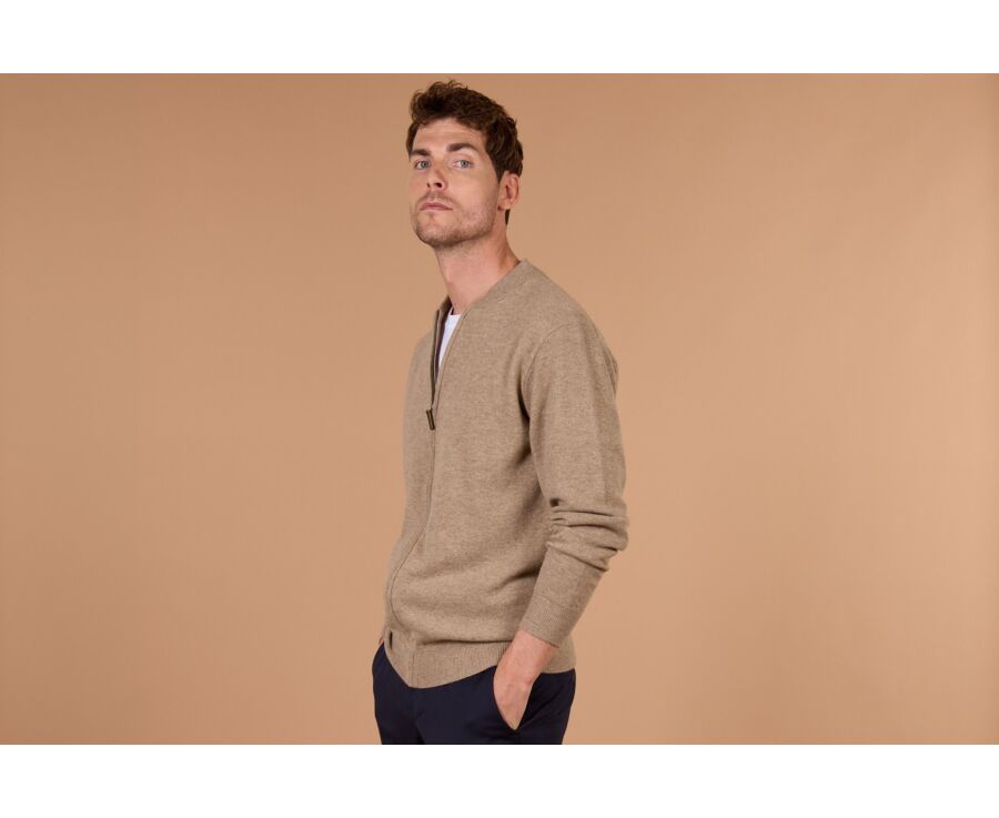 Gilet zippé homme taupe chiné clair en lambswool - BRENNICK