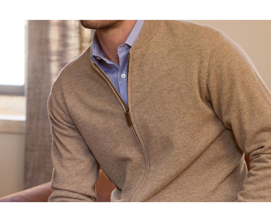 Gilet zippé homme taupe chiné clair en lambswool - BRENNICK