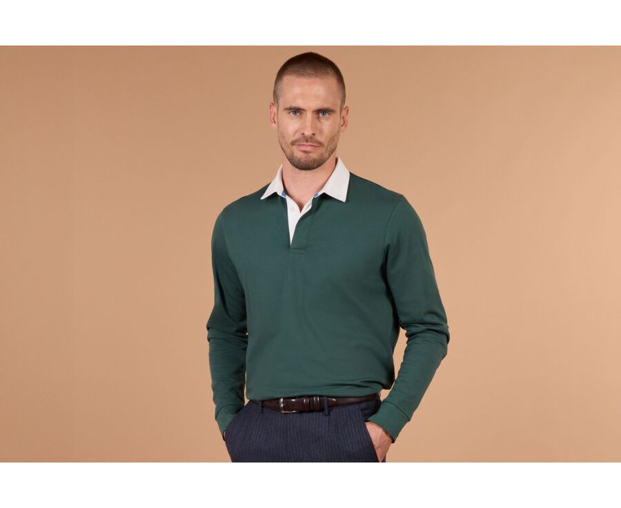 Polo rugby homme manches longues vert foncé en jersey - SKYLER