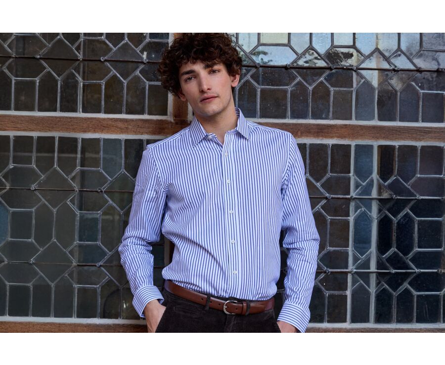 Chemise homme blanches à rayures navy - LÉONEL