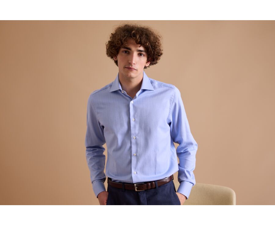 Chemise bleue twill chevrons - Col italien - LUIGI