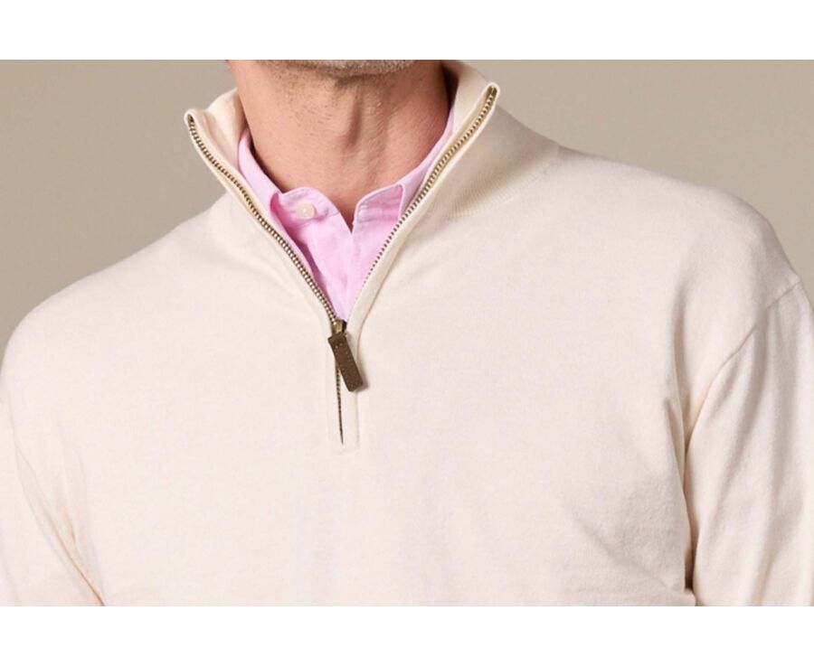 Pull fin homme coton bio/cachemire col zippé Ecru Chiné - VLAD