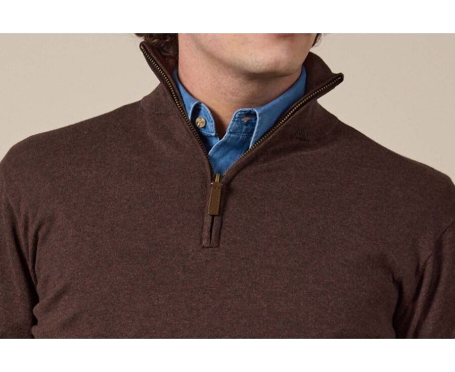 Pull fin homme coton bio/cachemire col zippé Chocolat Foncé - VLAD